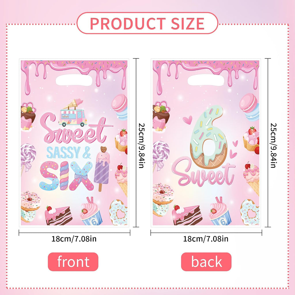 EoBeCy Sweet Sassy and Six Birthday Decorations for Girls, 50 Pcs 6th Birthday Plastic Treat Candy Goodie Treat Gift Bags with Handles, Pink Donut Ice Cream Themed 6 Year Old Party Favor Bags