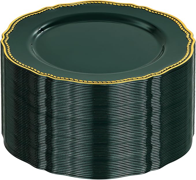 Hioasis 60pcs Green Plastic Plates - Green and Gold Disposable Dinnerware with Gold Rim, Heavy-duty, 10.25 inch, Dinner Plates for Party & Wedding