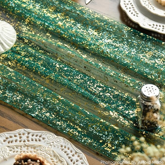 Artoid Mode 3PCS Green Gold Gauze Table Runner 120 Inch 10FT, Glitter Metallic Foil Sheer Dining Wedding Anniversary Holiday Table Decor for Home Party