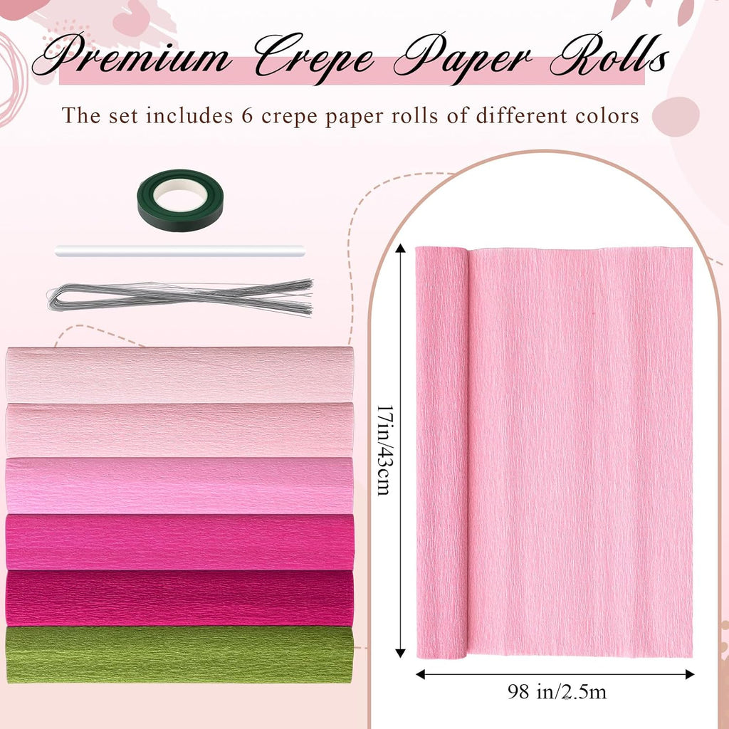 AmazingSpark 6 Colors Crepe Paper 17 x 98 Inch Crepe Paper Sheet with 5 Set Different Petal Template, 2 Roll Floral Tape, Iron Wire and Hot Melt Glue Stick DIY Craft Party (Red Rose Color Scheme)