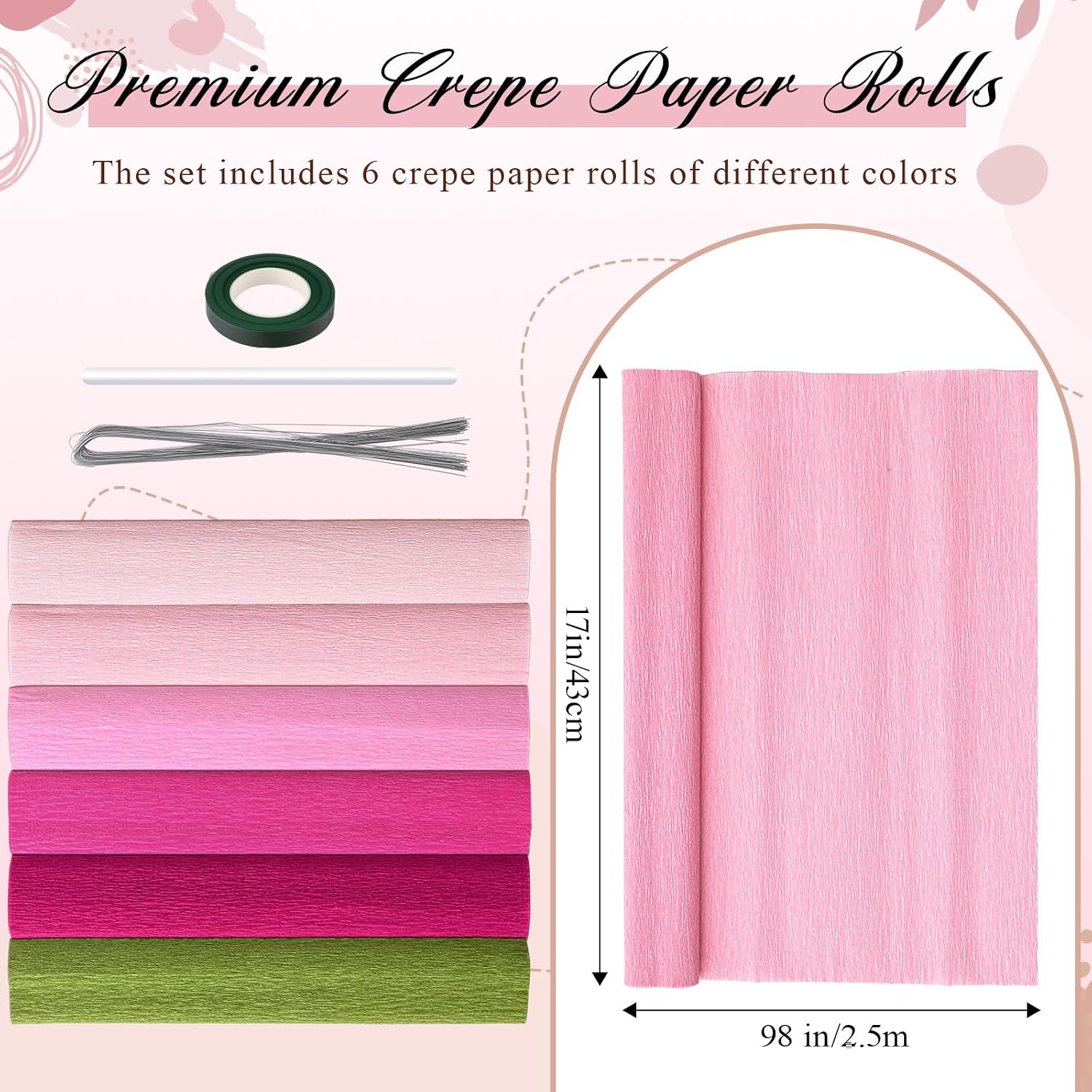 AmazingSpark 6 Colors Crepe Paper 17 x 98 Inch Crepe Paper Sheet with 5 Set Different Petal Template, 2 Roll Floral Tape, Iron Wire and Hot Melt Glue Stick DIY Craft Party (Red Rose Color Scheme)