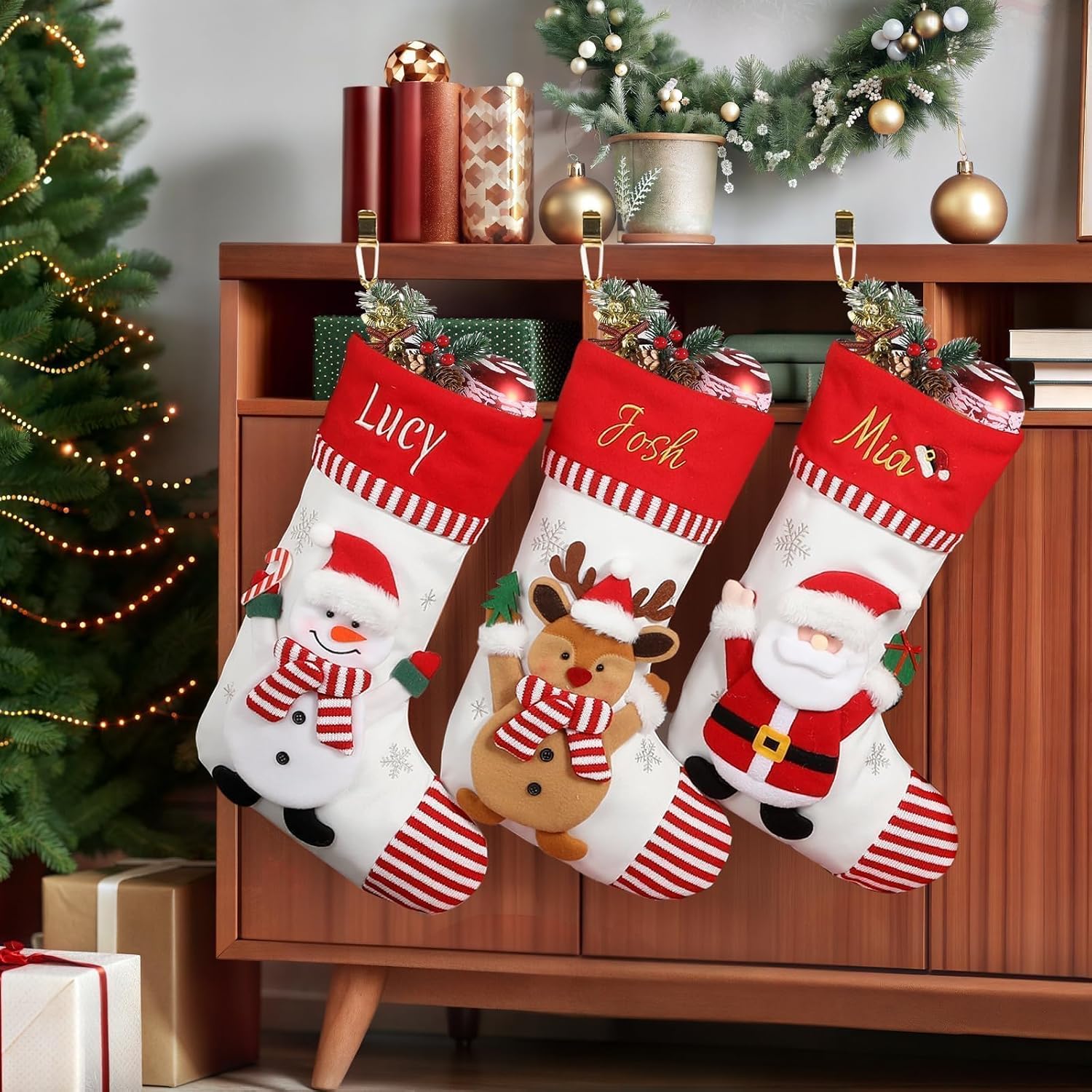 Personalized Christmas Stockings with Embroidered Name & Monogram,Custom 3D Xmas Character Stocking 1 Pack 18” Large,Santa,Snowman & Reindeer Fireplace Hanging Red Burlap Plaid Stockings(A)