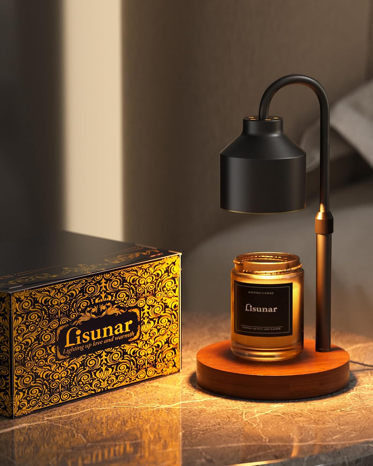 LISUNAR Electric Candle Warmer Lamp Black, Candle Lamp Warmer with Timer, Wax Warmer Lamp for Jar Candles, Adjustable Height Candle Light Warmer with 2 Bulbs
