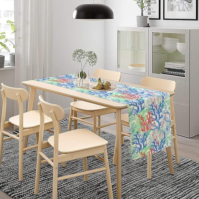 Summer Shell Starfish Table Runner, Seasonal Spring Summer Tropical Ocean Beach Indoor Party Kitchen Outdoor Table Decor 13x108 Inch