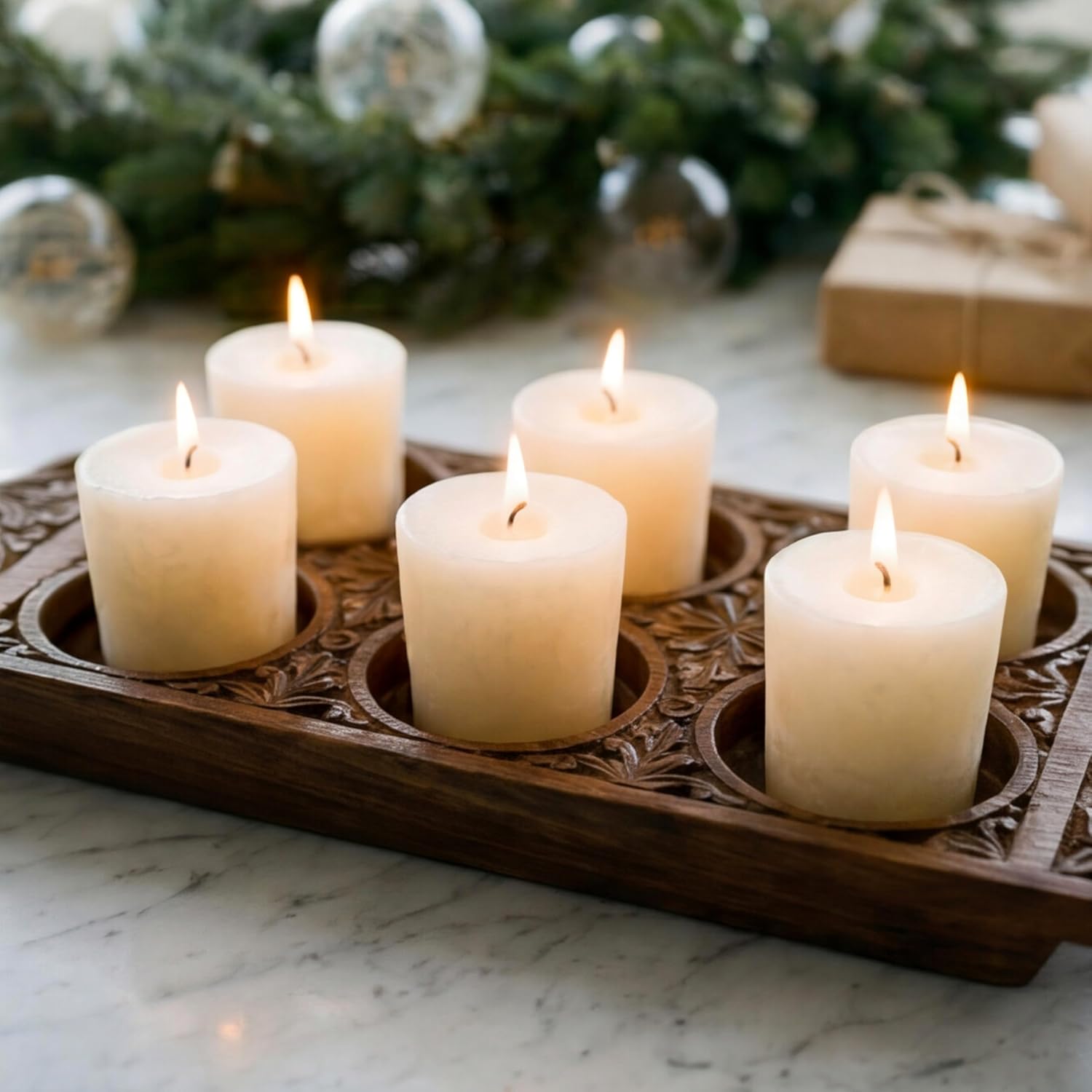 Aroma Naturals Votive Candles with Orange Clove and Cinnamon Essential Oil White Scented, Peace Pearl, 5.5x3.75x2 Inch (Pack of 6)