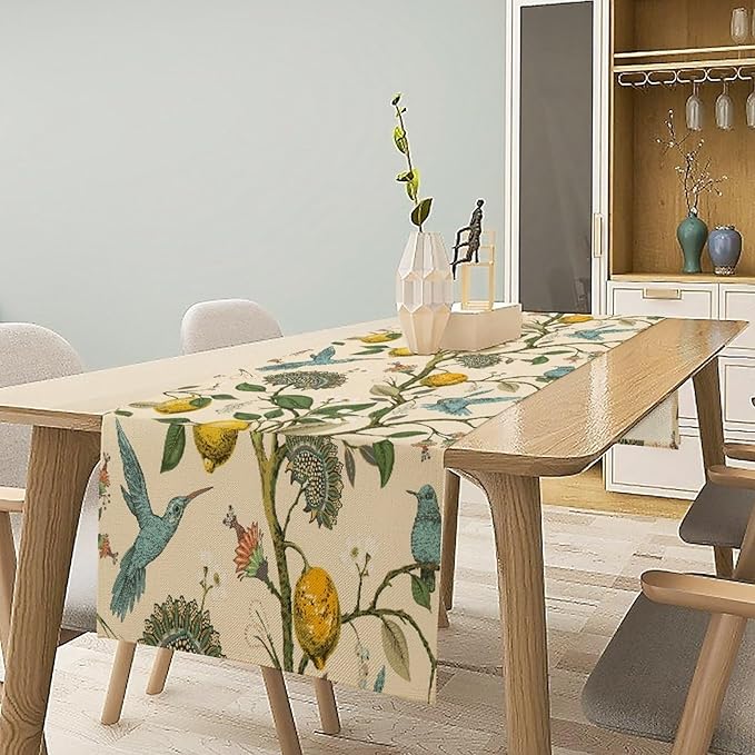 Table Runner with Flowers and Birds, Spring Plant Flowers Table Decoration Linen Table Runner Family Party Party Decorations 13x120 Inches