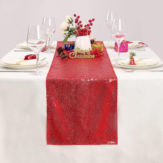 Red Table Runners 10 Packs 12x108 Inch Glitter Sequin Table Runners for Birthday Party Bridal Shower Banquet Wedding Table Decorations