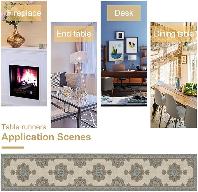 Boho Bohemia Style Table Runner, Vintage Teal Brown Retro Flower Rustic Country Style Floral Print Pattern for Home Kitchen Table Decor Dining Coffee Room Garden Party Decor 13x90in
