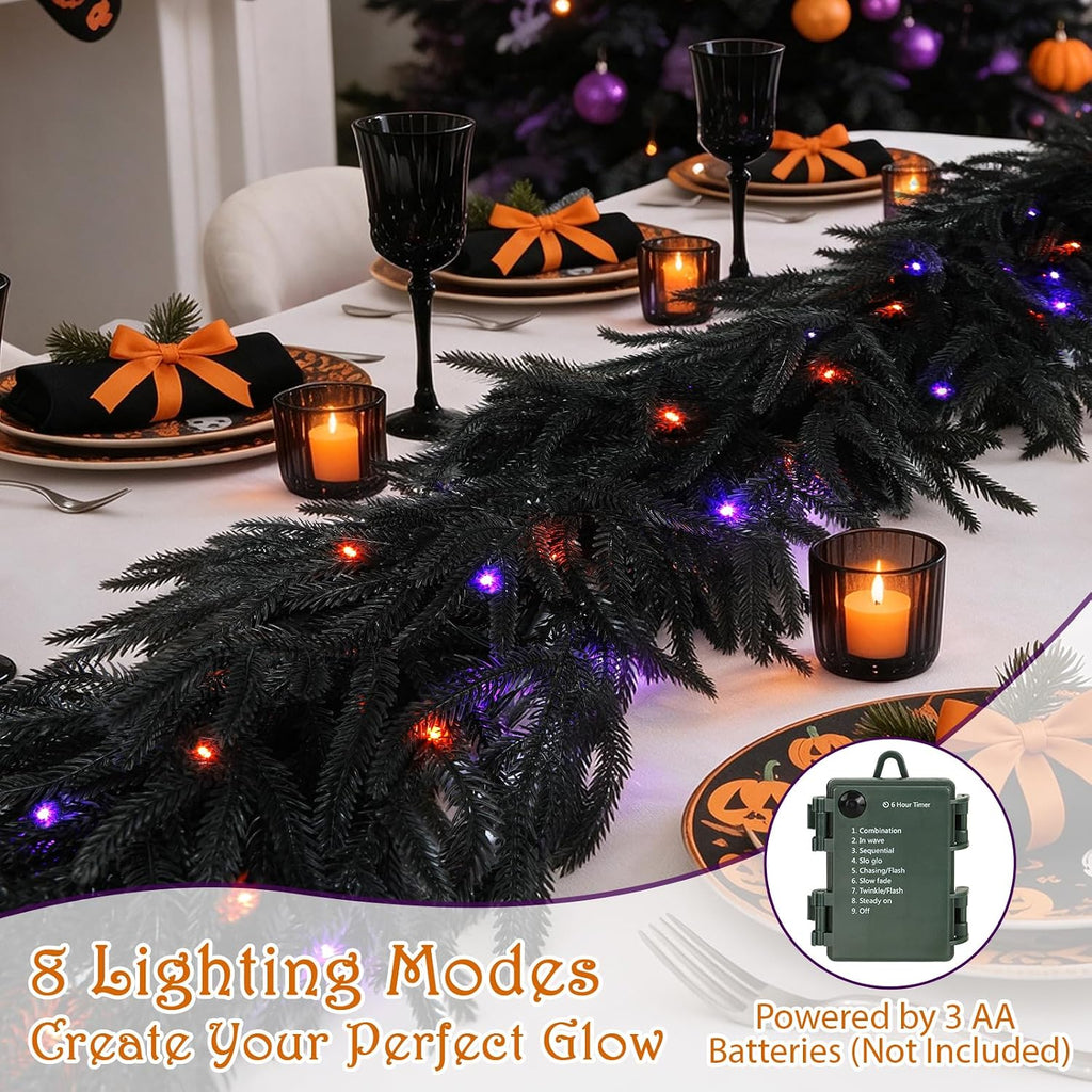 9ft soft touch black norfolk pine halloween garland, close-up detail