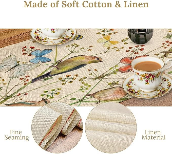 Brown Bird Floral Table Runner Spring Flower Kitchen Table Decoration Suitable for Family Dinner Decoration 13x60 Inch