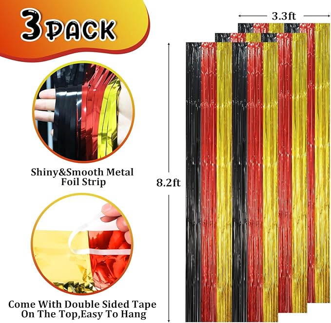 3 Pack 3.3 x 8.2 ft Red Black Gold Foil Fringe Backdrop Curtains, Tinsel Streamers Party Decorations, Fringe Backdrop, Door Shimmer for Thanksgiving Day or Birthday Party