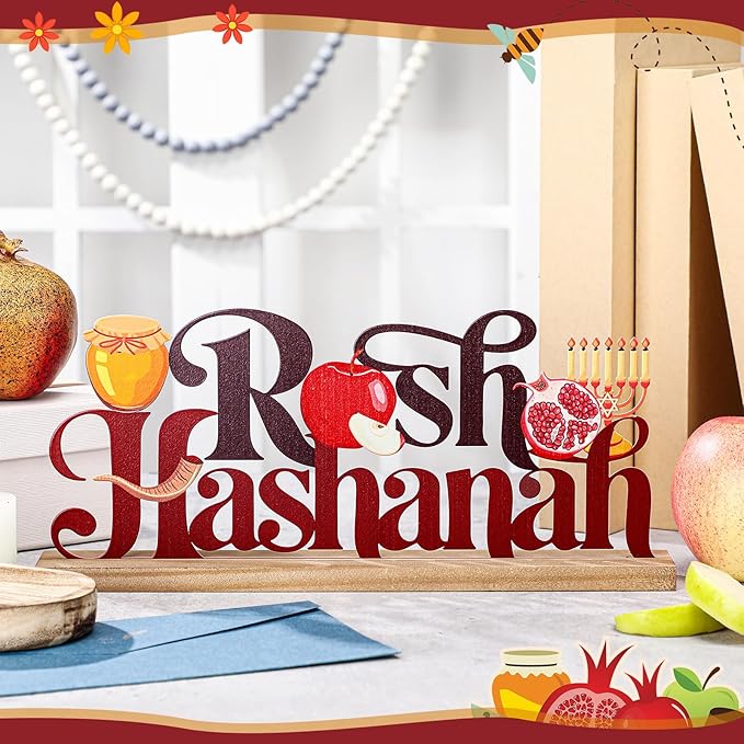 Rosh Hashanah Metal Sign Jewish New Year Table Centerpiece Tiered Tray Decor with Wooden Base Apple Pomegranate Decor for Home Tabletop Centerpiece Mantel Shelf Fireplace