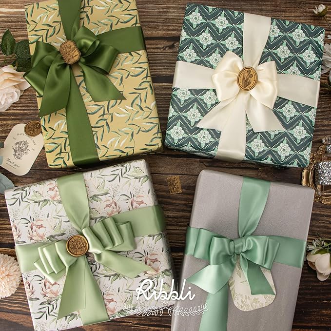 Ribbli Sage Green Satin Ribbon 1-1/2 Inch x 4 Rolls Total 40 Yards- Ivory/Sage/Dusty Sage/Moss Green Ribbon for Gift Wrapping Craft Wedding Decoration