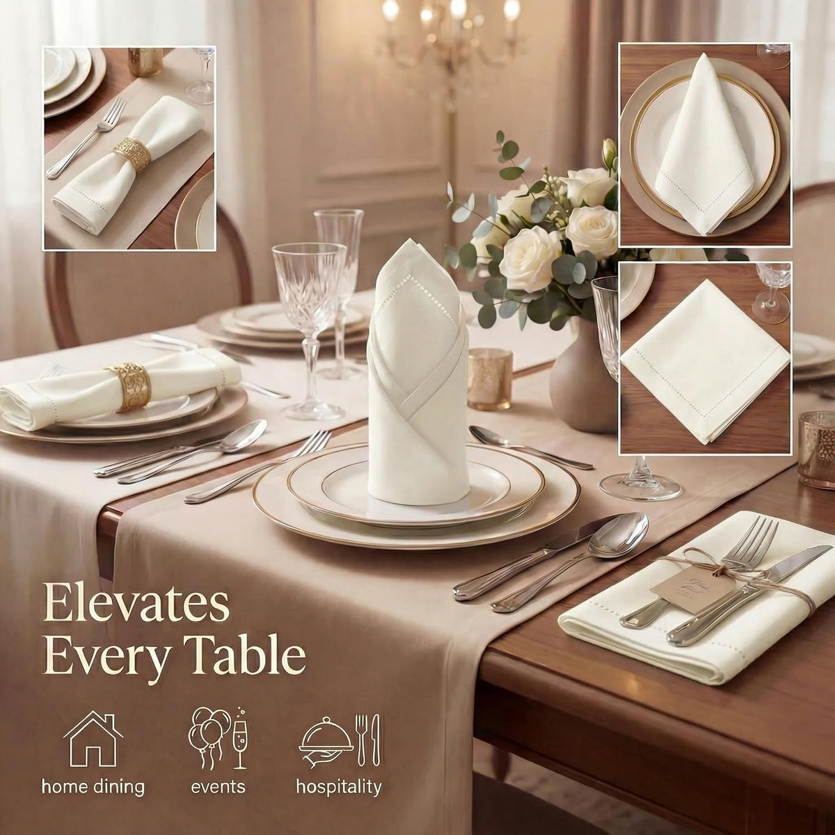 Urban Villa Cloth Napkins Ivory Hemstitch Dinner Napkins Set of 12 (20X20) 10...