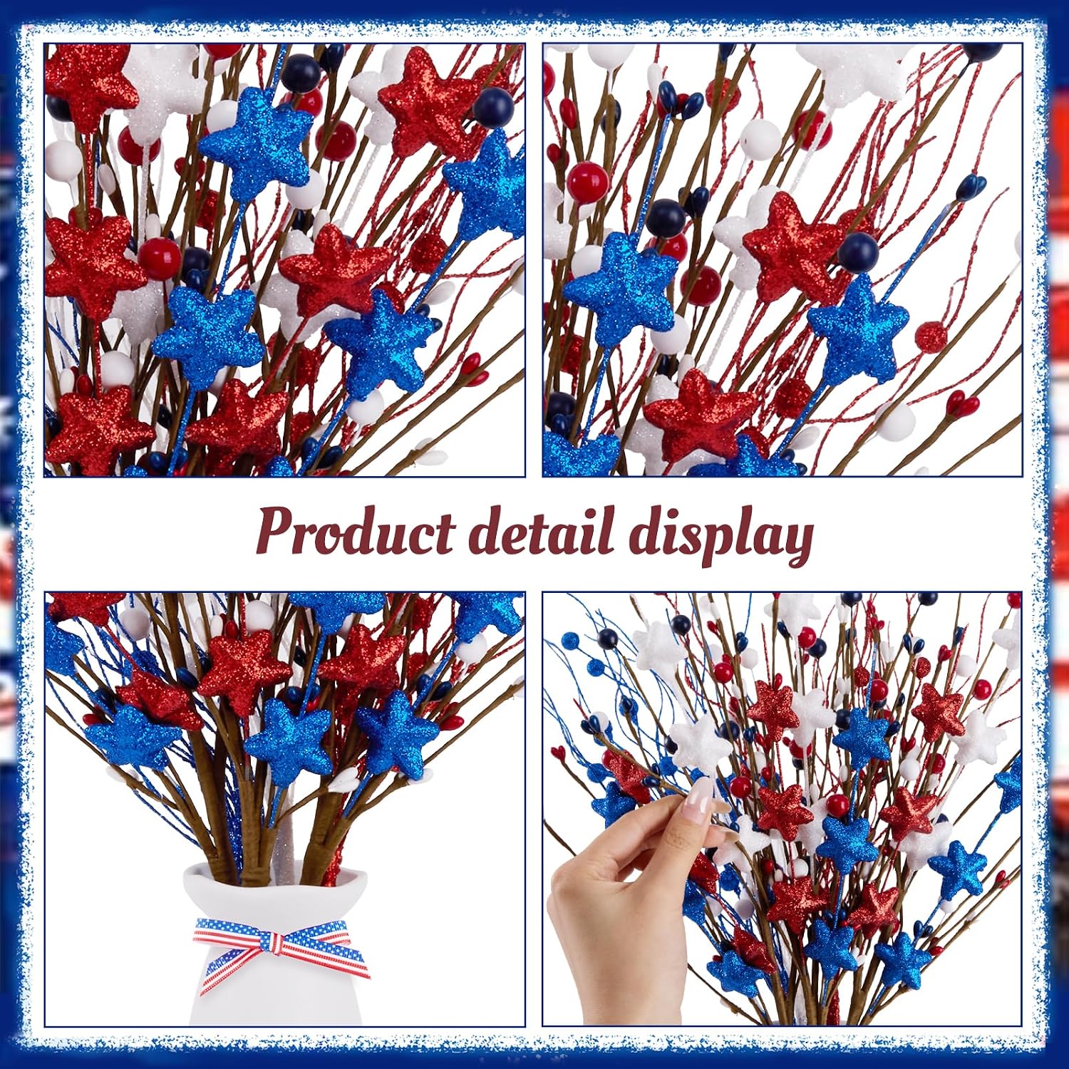 6 Pack 4th of July Patriotic Artificial Berry Stem Picks Red White and Blue Stars Flowers Decoration for Independence Day, Pentagram Faux Berry Branches for Home Office Restaurant Vase Decor
