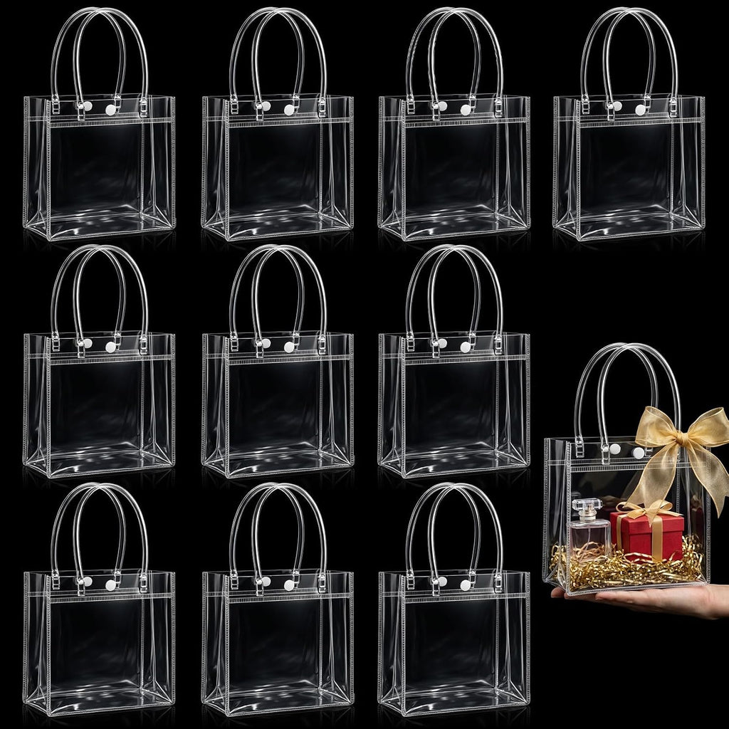 MAQIHAN Clear Gift Bags with Handles - Party Favor Candy Bags Transparent | 10 Plastic Goodie Bags, bolsitas for Valentines, Mother's Day, Christmas, Baby Shower, Wedding, Birthday, Mini 5.9'' x 6.3''