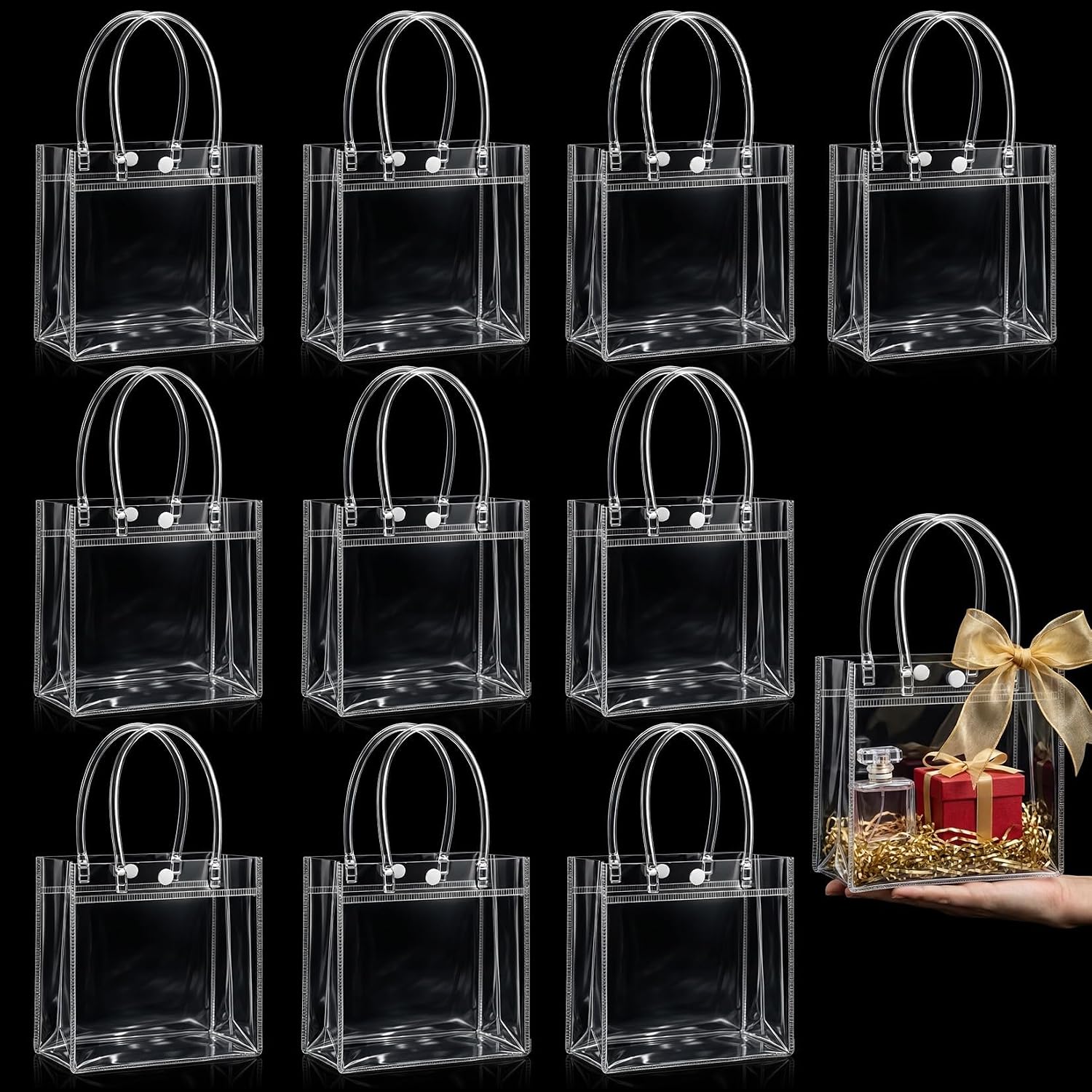 MAQIHAN Clear Gift Bags with Handles - Party Favor Candy Bags Transparent | 10 Plastic Goodie Bags, bolsitas for Valentines, Mother's Day, Christmas, Baby Shower, Wedding, Birthday, Mini 5.9'' x 6.3''