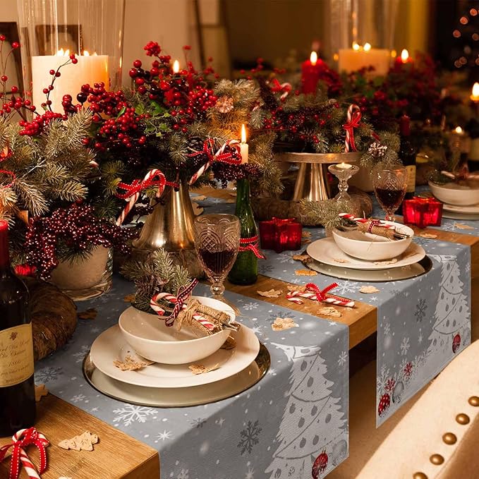 Christmas Snowflakes Cotton Linen Table Runner for Dining Kitchen, Xmas Tree Snow Winter Wedding Outdoor Party Tablerunners Decoration, Grey Balls Dresser Scarf Coffee Tablecloth Runners 13x90 Inches