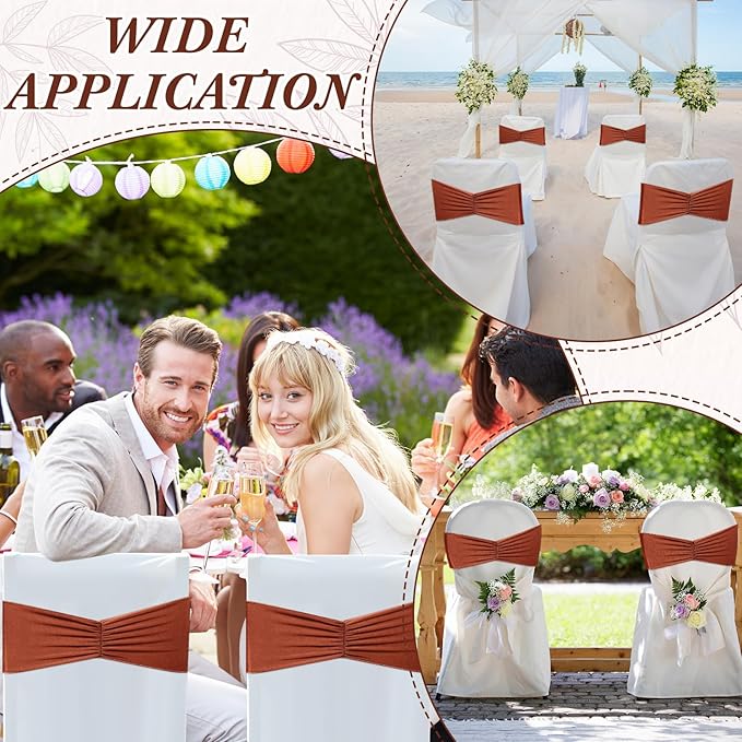Moukeren 100 Pcs Spandex Chair Sashes Bows Bands Slider Sashes for Chair Covers Elastic Bands Ties Ribbon Decorations for Wedding Party Events Ceremony Birthday Banquet(Terracotta)