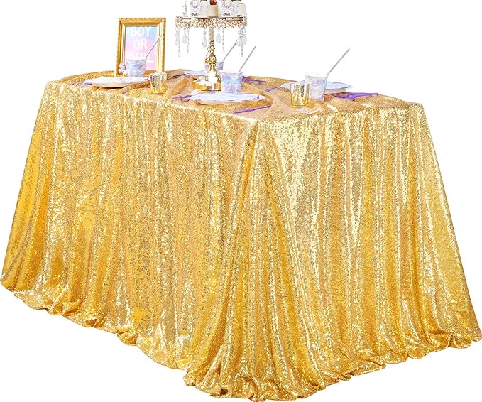 QueenDream 90x132inch Rectangle Sparkly Gold Sequin Tablecloth Wedding Glitter Tablecloth for Birthday Party Decor