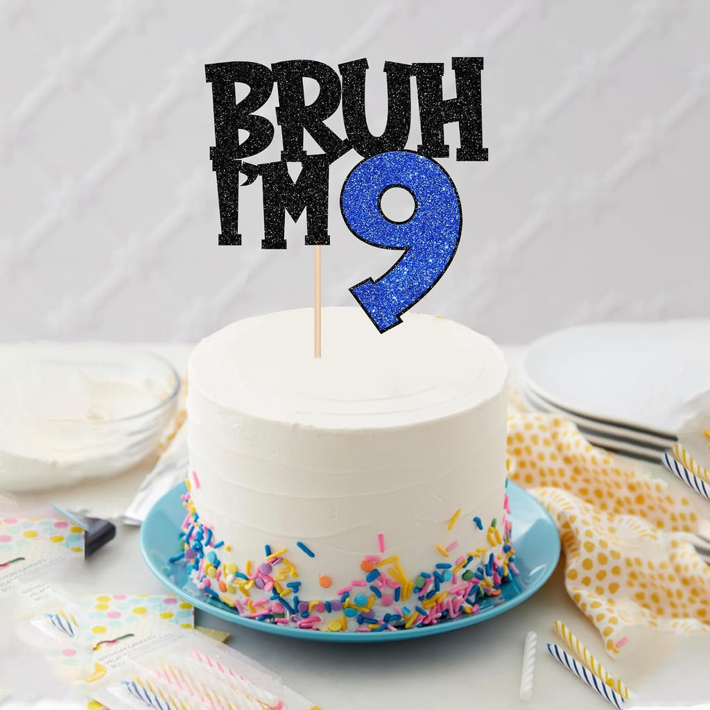 1 PCS Bruh I'm 9 Cake Topper Glitter Happy 9th Birthday Cake Pick Bro I'm 9 Cake Decoration It's My 9th Birthday Decorations for Cheers to 9 Years Old Birthday Anniversary Party Supplies Blue