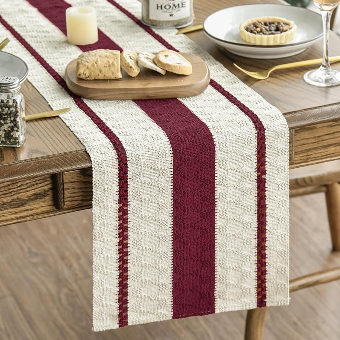 Artoid Mode Red Farmhouse Woven Rustic Table Runner, Seasonal Holiday Hollow Kitchen Dining Table Decoration for Home Party Decor 12x108 Inch