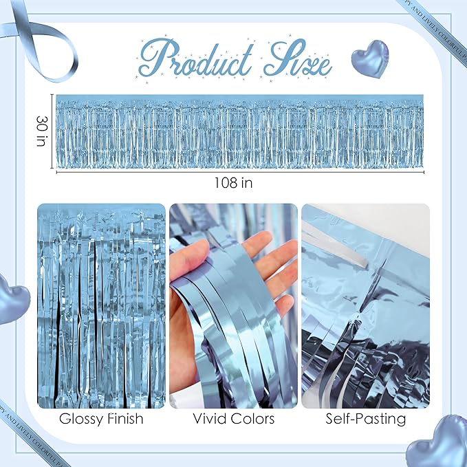 8 Pack Light Blue Table Skirts, 29x108" Metallic Foil Tinsel Fringe Table Skirts for Rectangle Tables Streamer Curtains Backdrop, Party Decorations for Birthdays Weddings Holidays