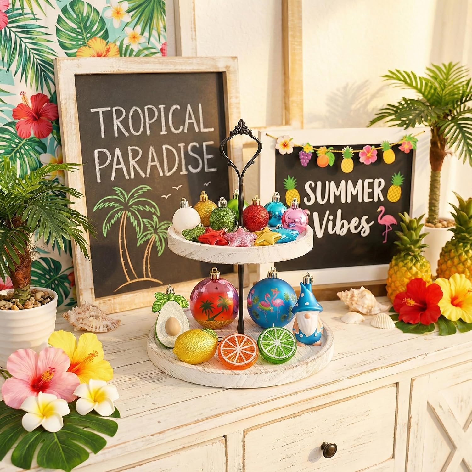Valery Madelyn 30ct Summer Tree Ornaments Christmas in July Decorations | Coastal Beach Ocean Theme Set with Flamingo Gnome Avocado Lemon & Palm Tree Shatterproof Balls for Hawaiian Tropical Party