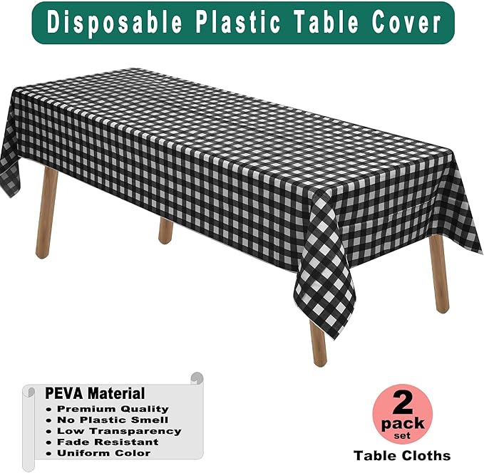 Black & White Gingham Checkered Plastic Tablecloths 2 Pack Disposable Table Covers 54 x 108 Inch Party Tablecovers Buffalo Plaid Table Cloth for BBQ, Picnic, Birthday