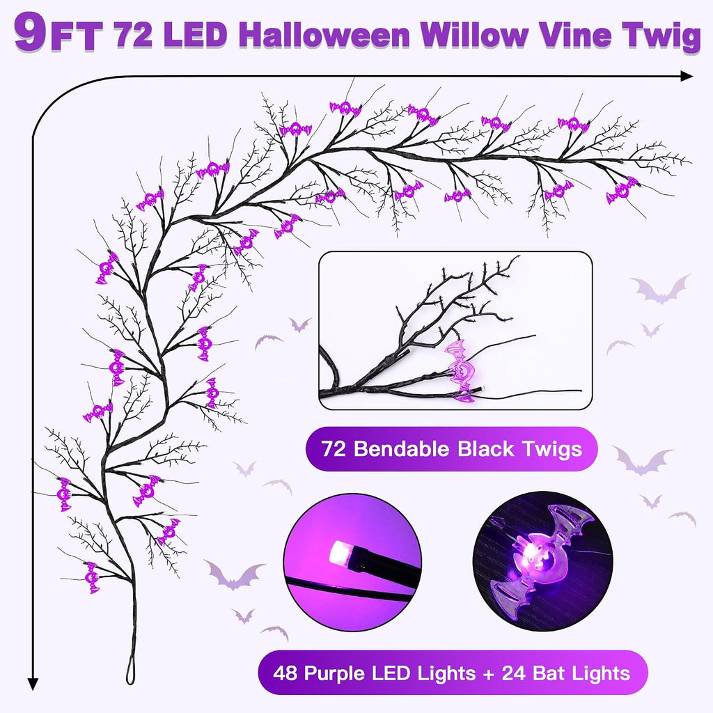 9ft 72 led willow vine twig decor black, close-up detail