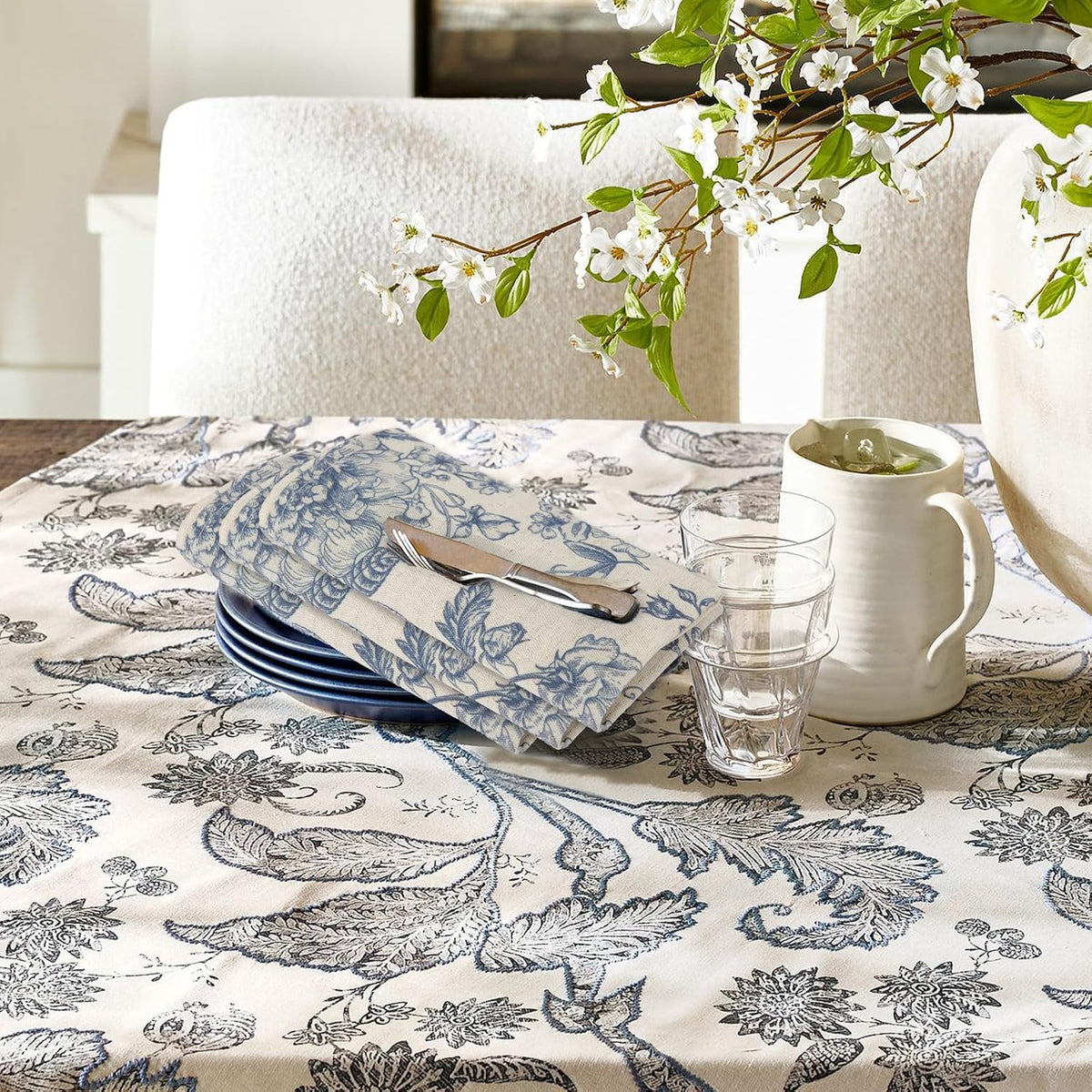 Blue Floral Cloth Napkins Set of 12, Vintage Linen Cotton Dinner Napkins 15x1...