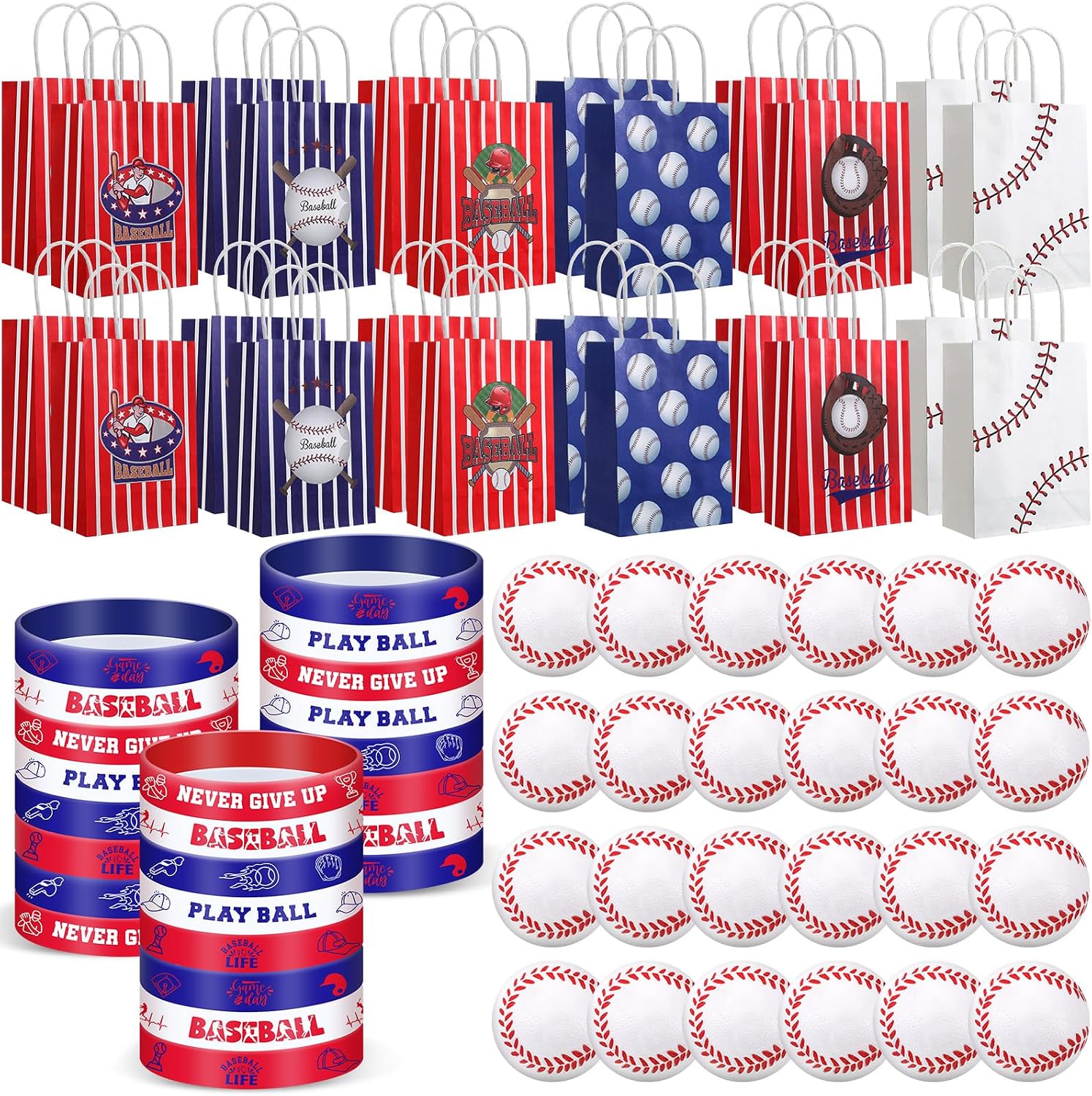 72 Pcs Baseball Party Favors Set Includes 24 Paper Gift Bags 24 Silicone Wristbands 24 Sports Stress Balls Goodie Bag Fillers Gifts for Sports Themed Birthday Party Supplies