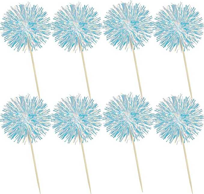 Ephlyn 30Pcs Foil Firework Cupcake Toppers Party Birthday Cake Toppers Supplies Sparkle Tinsel Cocktail Fruit Toothpick for Birthday Wedding Graduation Party Blue