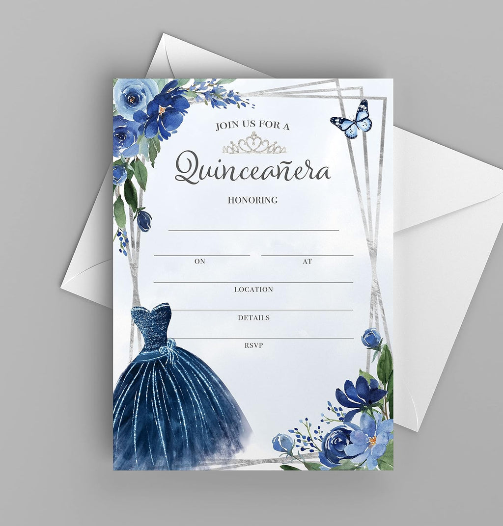 M Market On Mainstreet Quinceanera Party Invitations w/White Envelopes, 25 Count, Made In The USA (25, Blue Quinceanera)