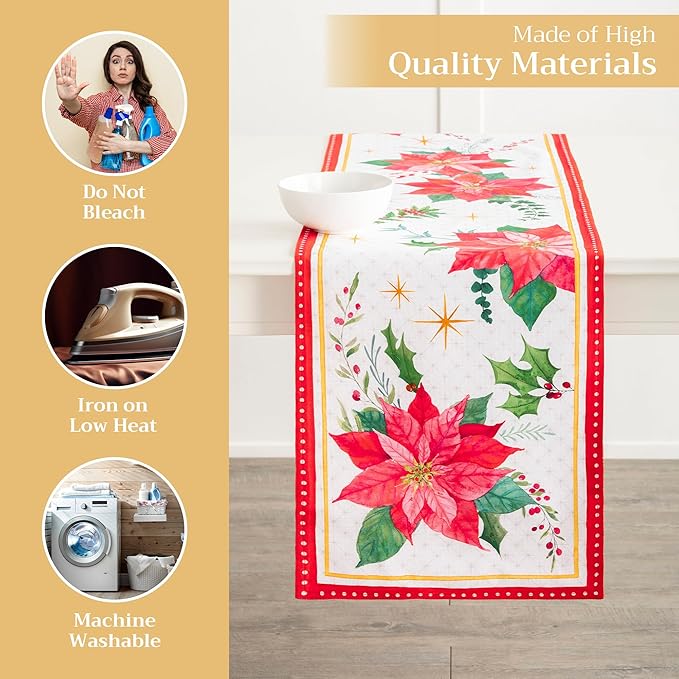Maison d' Hermine Table Runner 100% Cotton Double Layer Table Runners 72 inches Long for Thanksgiving Christmas Decorations Home Kitchen Dining Party Wedding (Poinsettia Christmas, 14.5" x 72")