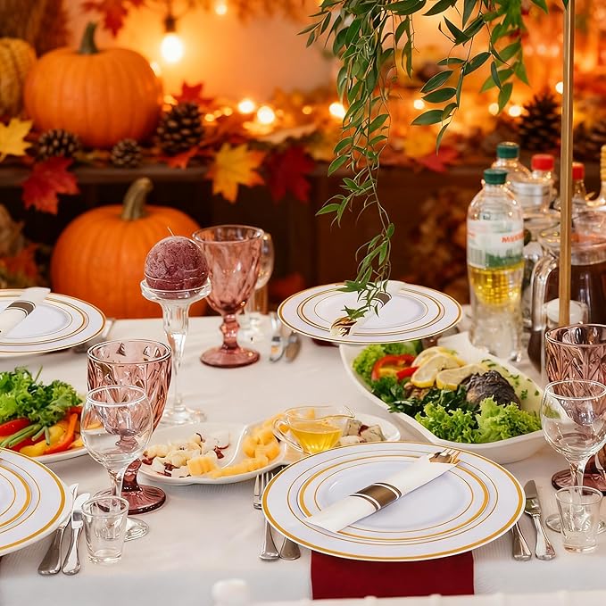 350 Pieces White and Gold Plastic Plates - 50 Guest Thanksgiving Dinnerware Set Include 100 Plates, 50 Plastic Silverware, 50 Napkins and 50 Cups for Thanksgiving