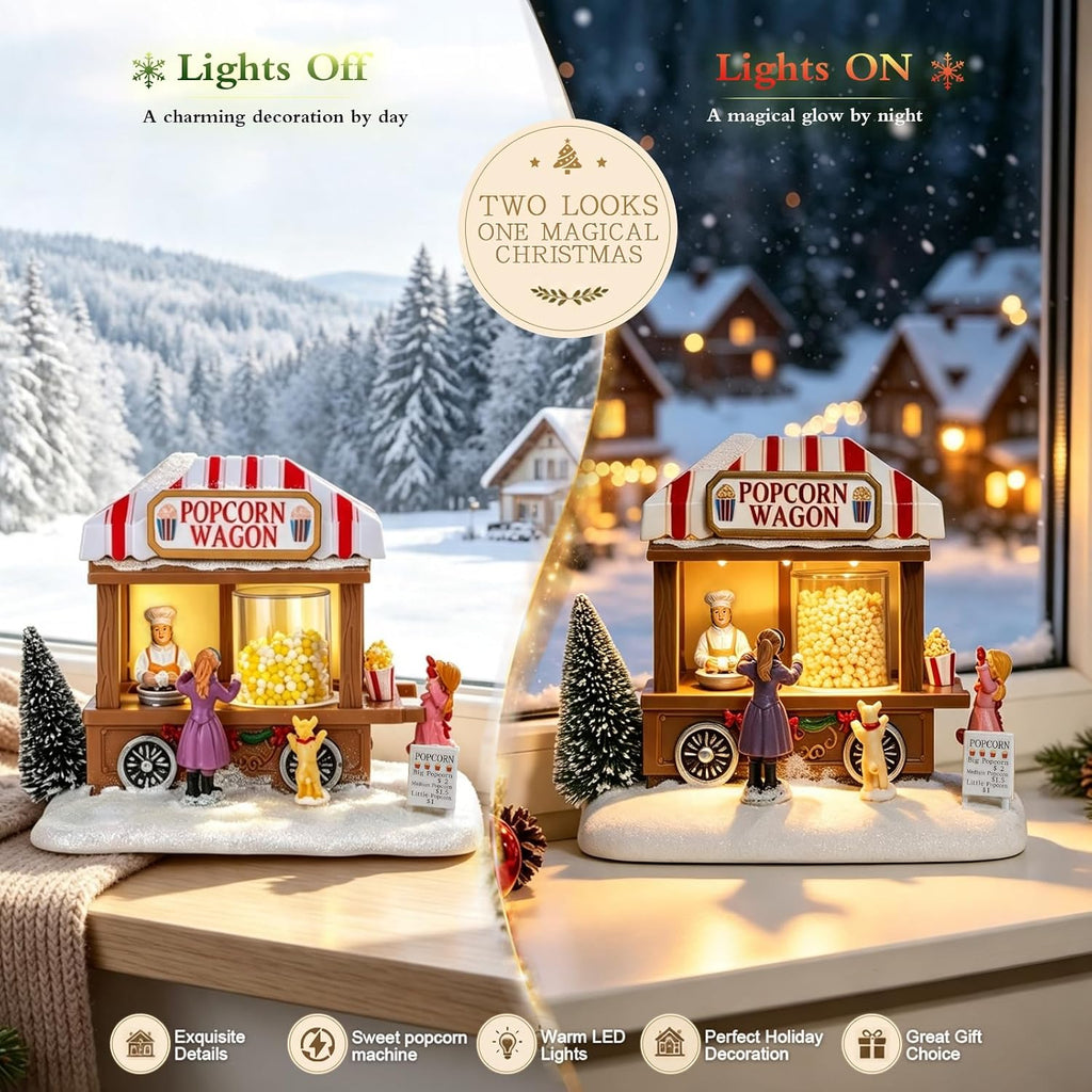 mumtop christmas village house, animated popcorn wagon with, side view