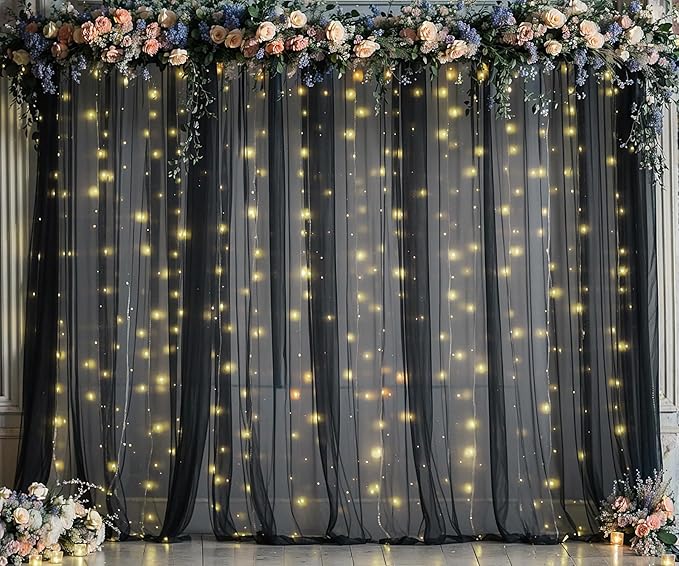 Black Sheer Backdrop Curtains with Lights String for Parties Birthday 10ft × 8ft Black Tulle Backdrop Curtain for Baby Shower Wedding Graduation Halloween Party Photo Shoot Decorations