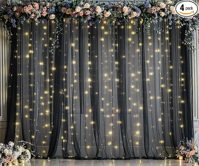 Black Tulle Backdrop Curtain with Lights String for Parites 20ft×8ft Black Sheer Backdrop Curtains for Baby Shower Wedding Bridal Shower Birthday Party Photo Shoot Decorations(4 Panels 5×8ft)