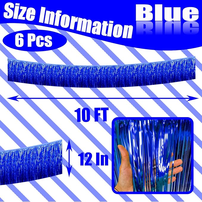 6 Pack 10 Feet Foil Fringe Garland Metallic Tinsel Streamers Banner Wall Hanging Curtain Backdrop Banner for Parade Floats, Thanksgiving, Christmas, Birthday, Halloween Party Decorations(Blue)