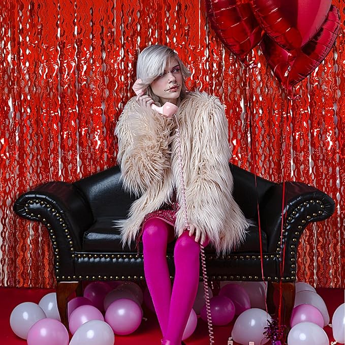 Red Streamers Tinsel Foil Fringe Curtains Wavy for Parties Sparkle Metallic Wavy Foil Fringe Backdrop Curtain for Party Decorations Photo Booth Props Birthday Graduation Wedding Valentines Decor
