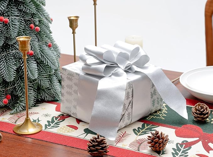 White Satin Wired Ribbon 2-1/2 Inch Double-Faced Sliver Glitter Christmas Ribbons for Wreath, Tree Decoration, Gift Wrapping, Home Decor 10 Yards