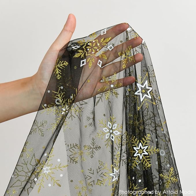 Artoid Mode Black Gold Snowflakes Christmas Gauze Table Runner 120 Inch 10FT, Winter Seasonal Sheer Dining Holiday Wedding Table Decor for Home Party