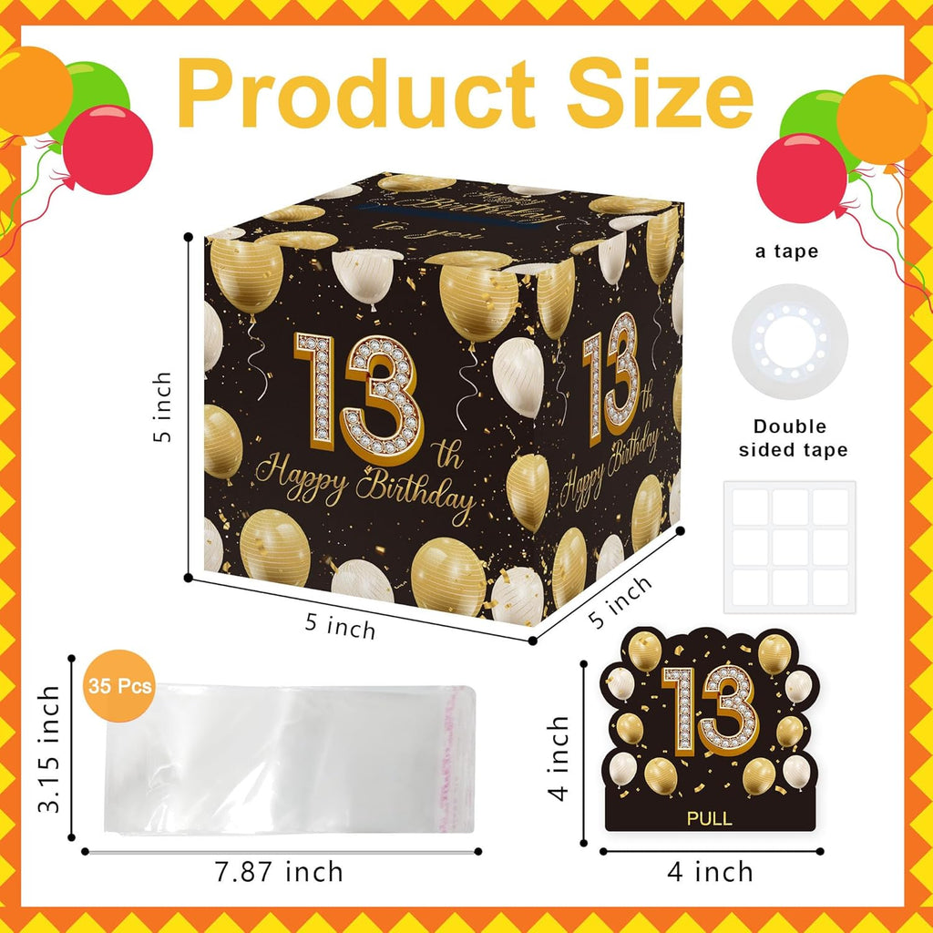 Azbuk 13th Birthday Money Pull-Out Surprise Box Gift for Teens | Creative Cash Present with Pulling Design | Includes 35PCS Clear Money Bags for Cash Gifts (Unisex Boys & Girls)