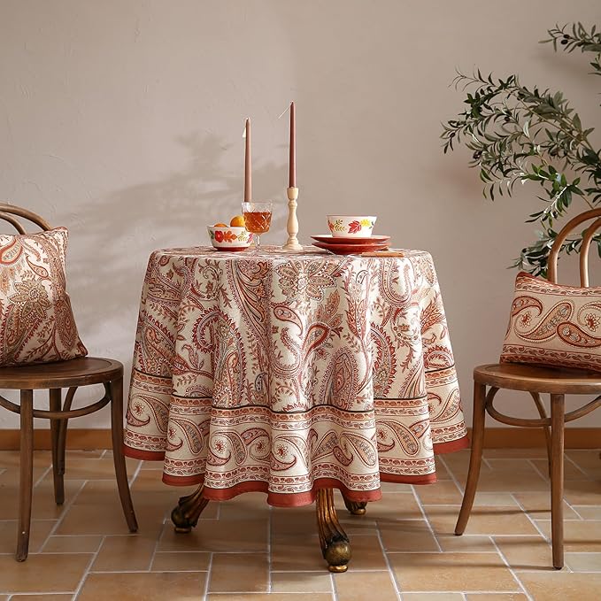 ISAENNE Designer French Red Round Square Tablecloth,Linen Table Cloth with Cashew Pattern,Stain Proof Decor Tablecloths for Dining Thanksgiving Kitchen Christmas,Diameter 55"-Chauffrey D