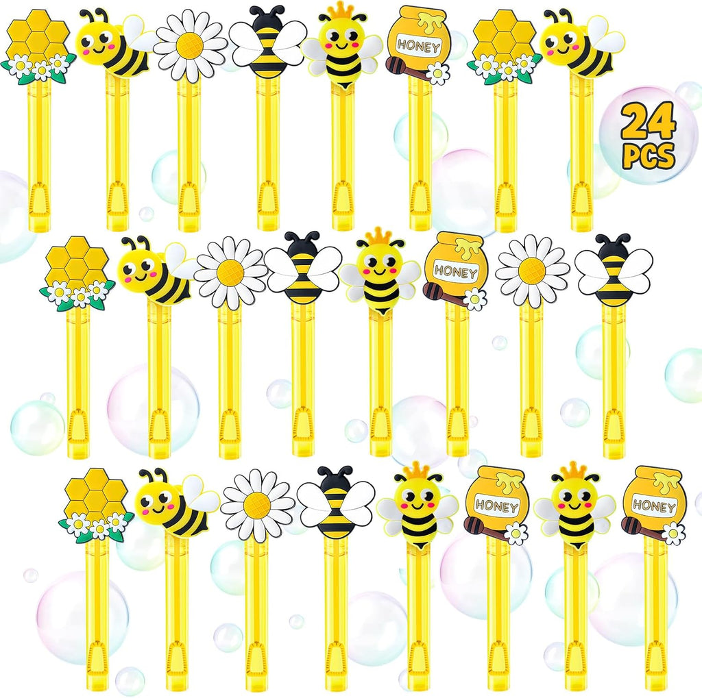 Winrayk Bee Party Favors, 24Pcs Bee Themed Mini Bubble Wands for Kids Bubbles Bulk with Detachable Topper (6 Styles & Colors), Birthday Gift Easter Goody Bag Stuffer Classroom Prizes Honey Party Favor