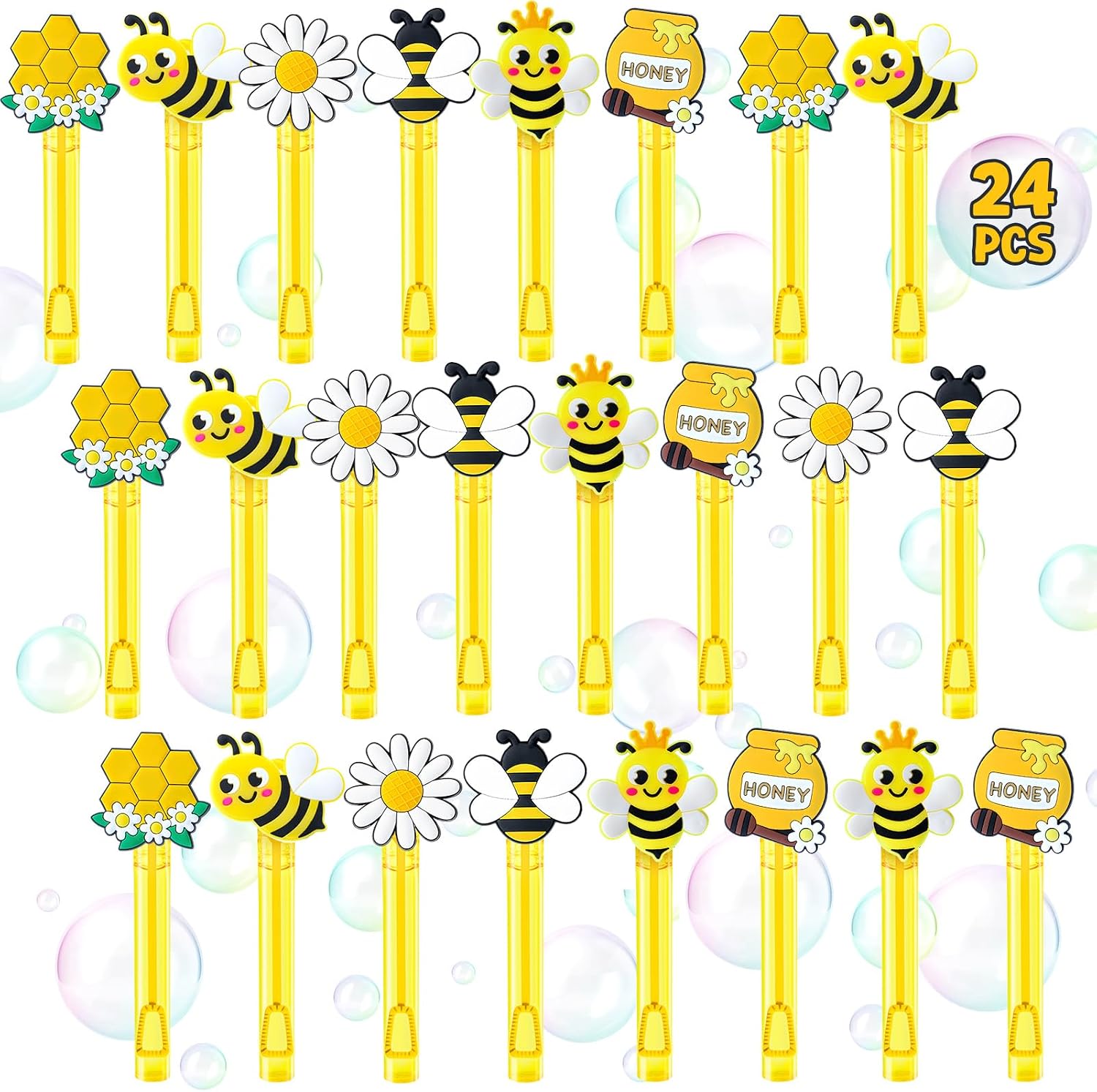 Winrayk Bee Party Favors, 24Pcs Bee Themed Mini Bubble Wands for Kids Bubbles Bulk with Detachable Topper (6 Styles & Colors), Birthday Gift Easter Goody Bag Stuffer Classroom Prizes Honey Party Favor