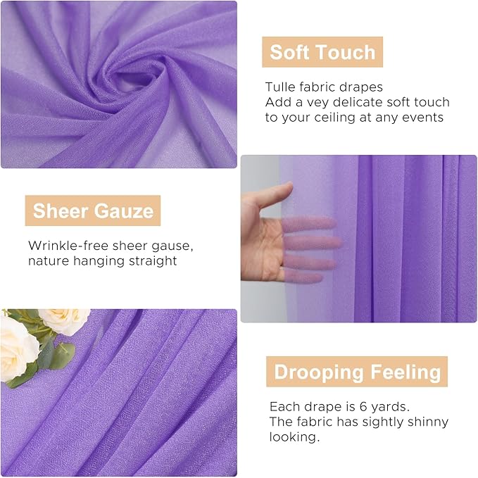 Wokceer Lavender Purple Wedding Arch Draping Fabric Backdrop 3 Panels 28.7" X 20FT Sheer Drapes Fabric for Wedding Arbor Ceremony Party