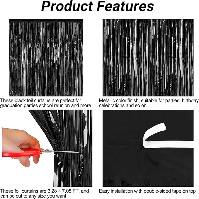 2 Pack 2025 Graduation Party Decorations, 3.28 FT x 7.05 FT Black Backdrop, Metallic Graduation Photo Backdrop Fringe Curtains Tinsel Backdrop Foil Streamer, Grad Party Supplies Photo Booth Props