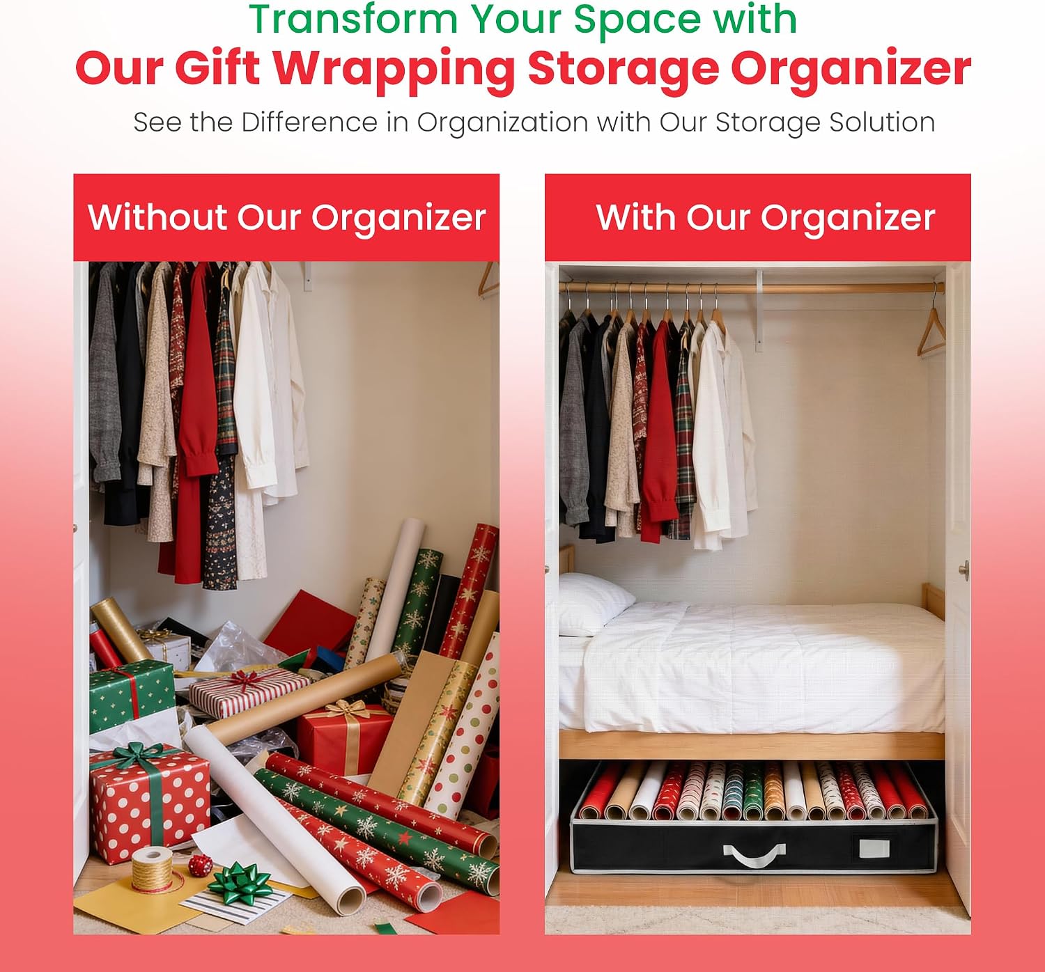 Handy Laundry Gift Wrap Storage Organizer, Easily organize Wrapping Paper, Ribbons, Bows, Scissors, Fits 18-24 Standard Rolls, Keeps Gift Supplies in Perfect Condition & Ready for Next Season, (Black)